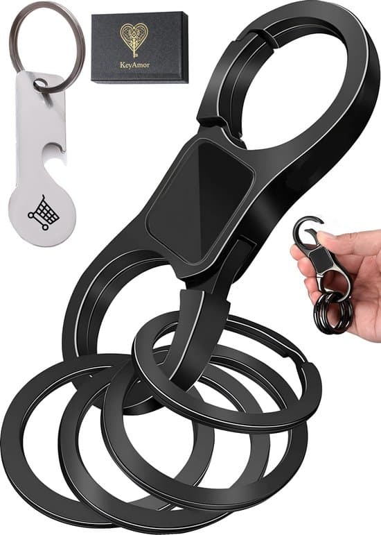 Dobbelt-sidet karabinhage nøglering i metal med nøgleringe, Quick Release bilnøgleholder klips til mænd og kvinder, sort