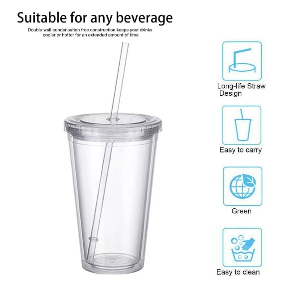 Återanvändbara plastmuggar, dubbelväggiga transparenta dricksmuggar med sugrör, återanvändbara muggar, lämpliga för fruktjuice