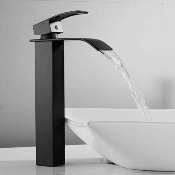 Svart vattenfall badrumsblandare, Modern svart hög vattenfall tvättställsblandare, Tvättställsblandare med piphöjd 232mm, Fyrkantig mässingsblandare varmt och kallt V