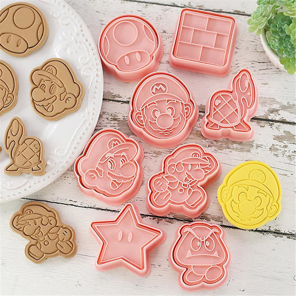 8 st/set Super Mario Bros Tecknade Kakformar Präglade Kakstämplar Skärare Formar För Tårta Barnkalas Dekoration