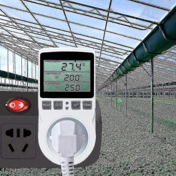 Digital termostat för uppvärmning/kylning med uttag, LCD-temperaturregulator, 230V för växthustemperaturregulator/terrariumtermostat (uttag)