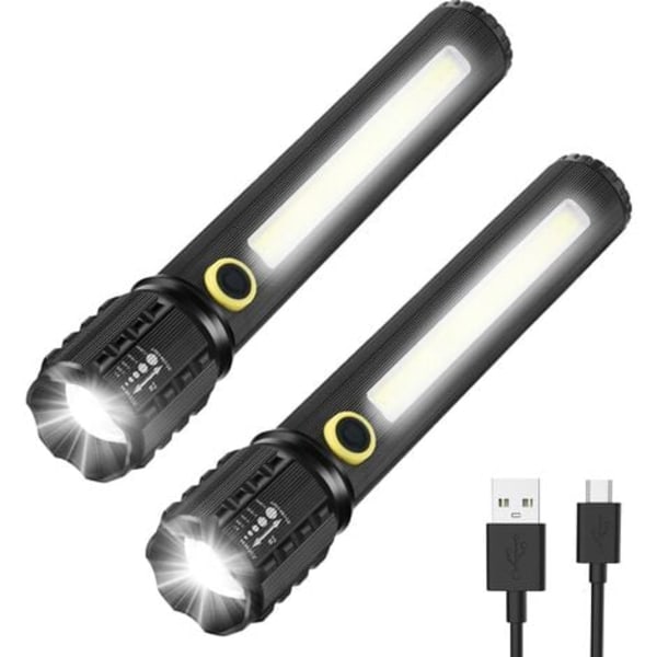 TS-LED Ficklampa, 2-pack ficklampor, justerbara och zoomningsbara ljusstarka ficklampor, uppladdningsbar LED-ficklampa för nödsituationer, 16cm