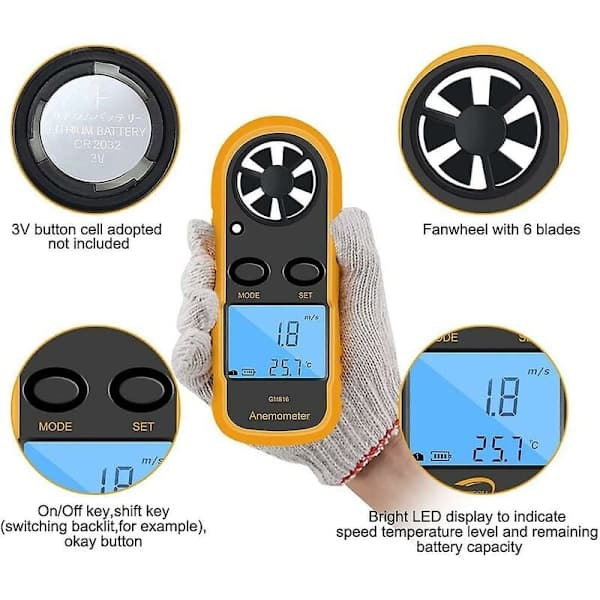 Luftfart/Navigasjon LCD Digitalt Anemometer (med batteri)