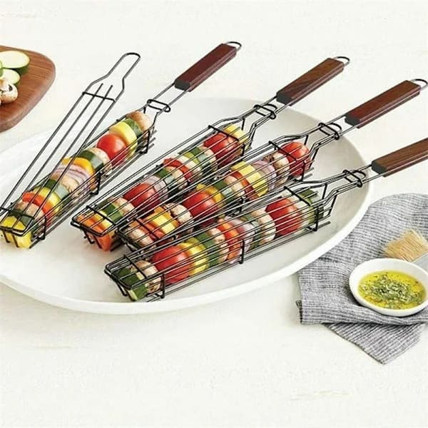 2-pack grillkorgar i rostfritt stål, non-stick bärbara grillkorgar med låsbart lock för utomhusmatlagning