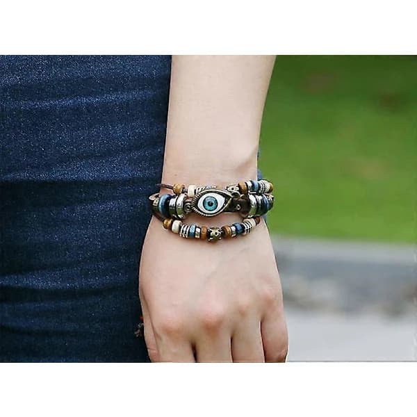 Boheme Gypsy Hippie Design Læderarmbånd Øje Multilags Justerbart Til Mænd Kvinder Mode Smykker BX118-Sort