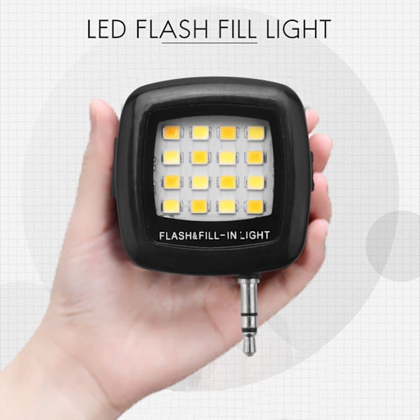TS-3,5 mm Smart Selfie 16 Led Kamera Flash Udfyldningslys Til Mobiltelefon Sort