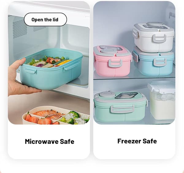 Bento Box Madkasse til Voksne 1.2L Lækagesikker 6 Rum med Gaffel Ske Sovsekop Mikrobølgesikker Blå til Arbejde