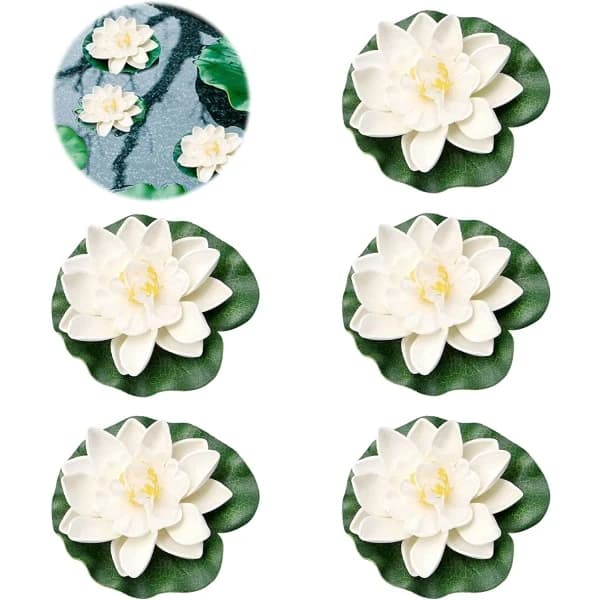 (White) 5 Pcs Floating Water Lilies Artificial Water Lily Foam Lotus