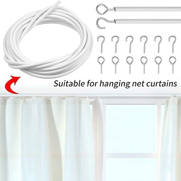 Gardinkabel 10M Vit Gardinkabel med Gardinkrokar och Öglor Gardinsnöre för Gardinstång Hängande Gardin