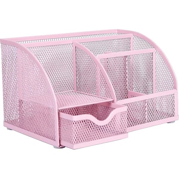 Skrivebordssorterer i netting med 7 rom + skuff Pennholder/Multifunksjonell Sorterer Ex348 Rosa