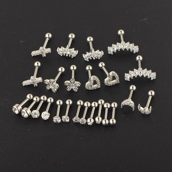 24 st Örhängen Set Mode Skiva Boll Platta Bak Cubic Zirconia Gåvor Hypoallergena Hjärta Tiny för Kvinnor Flickor