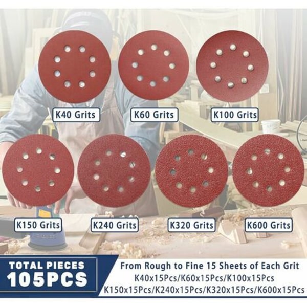 125mm Slipepapir, 105 stk. Slipepapir for Tilfeldig Eksentersliper, Egnet for Polering av Tre og Metall (15 stk. av Hver Korning 40/60/80/150/240/320/60)
