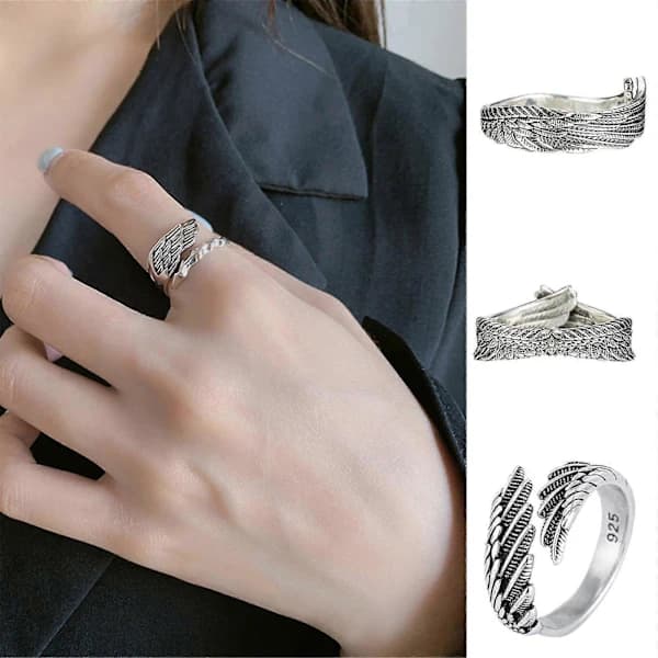 Justerbar 925 STEMPLET STERLING SØLV Skytsengel Vinge Ring Gave hurtig levering