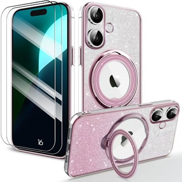 Etui + 2 stk hærdet glas til iPhone 16, stødsikkert silikonecover med roterende magnetisk holder - Rosa