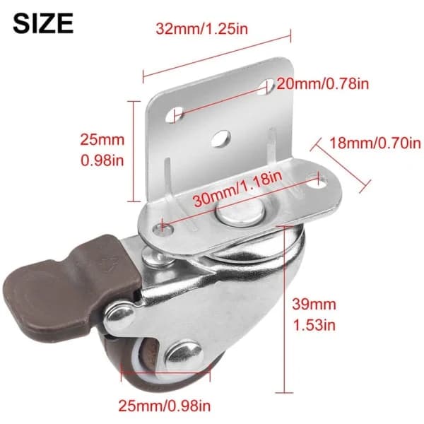 4x Hjul - 25 mm for møbler Små svingbare hjul med brems one-