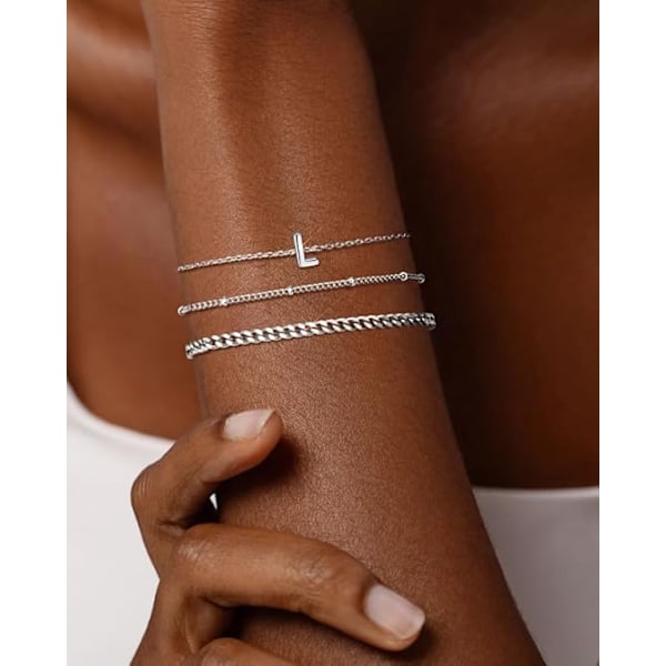 3 stk. Hvidguld Initialarmbånd til Kvinder Smalt 14K Guld Armbånd Stack Letter Link Charm A-Z Monogram Armbånd Anti-Missfarvning Smykker