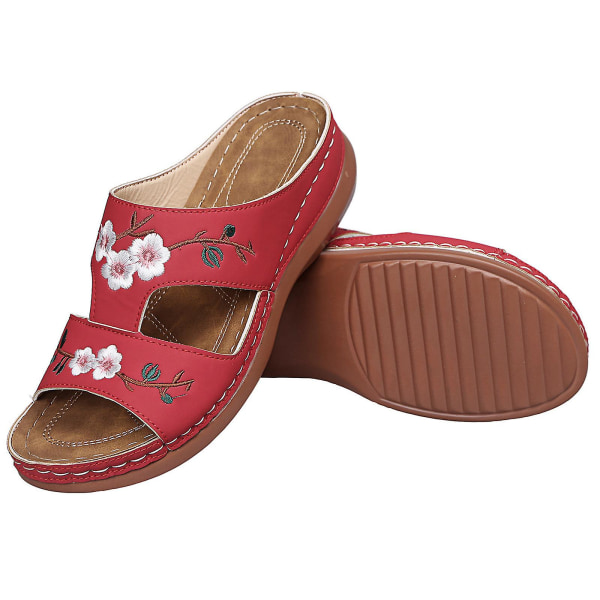 Ortopediska Bloom-skor för kvinnor med öppen tå sandaler Platttofflor för damer Sommar Strand Gummi Mjuk sula Red 35