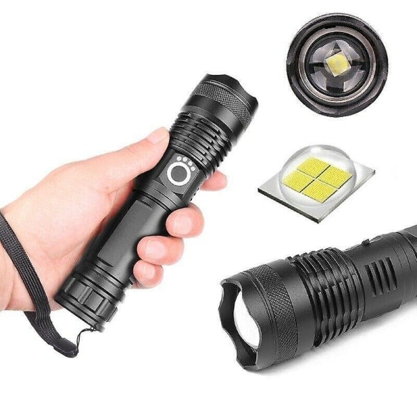 Superlysende 90000lm LED taktisk lommelygte med genopladeligt batteri, zoombar