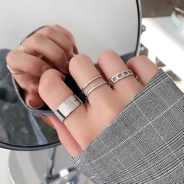 3-pack Silver Staplade Ring Kedja Ring Set Dam Mode