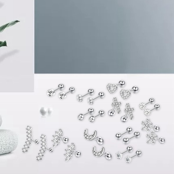 24 st Örhängen Set Mode Skiva Boll Platta Bak Cubic Zirconia Gåvor Hypoallergena Hjärta Tiny för Kvinnor Flickor