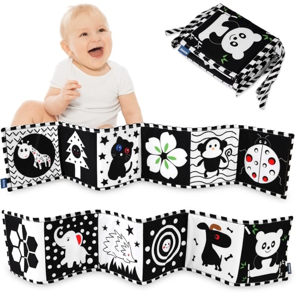 Sort-hvid baby stofbog med høj kontrast, foldbar blød stofbog