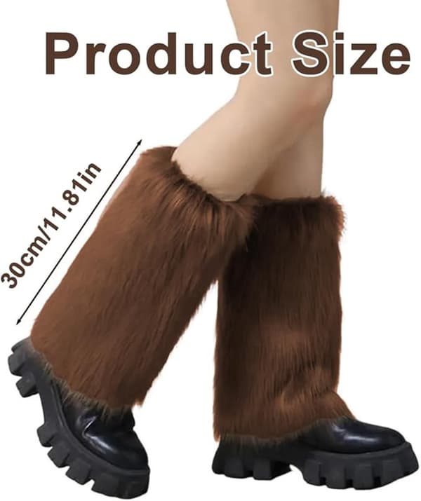 Faux Fur Legvarmere til kvinder, 30 cm lange fluffy benvarmere over knæet, bløde varme vinterstøvlemanchetter til efterår og vinter, brun