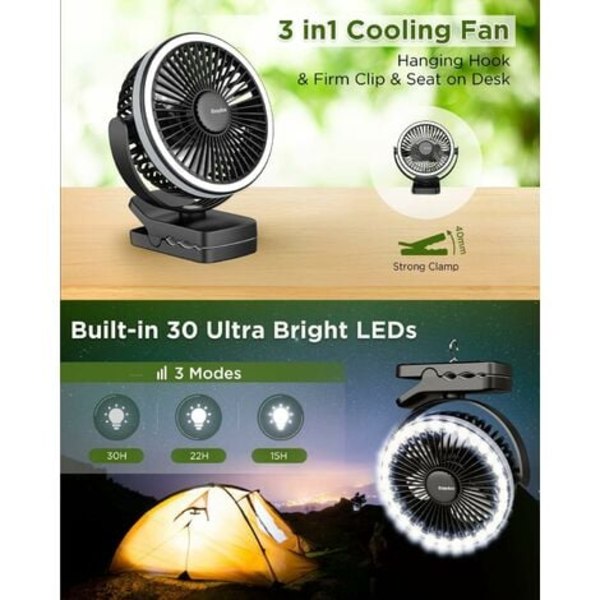TS-Leirintäpuhallin Klipsipuhallin USB 6-21 tuntia käyttöaikaa 4 nopeutta LED-valoilla ja telttakoukulla 360° kierto Hiljainen Recha