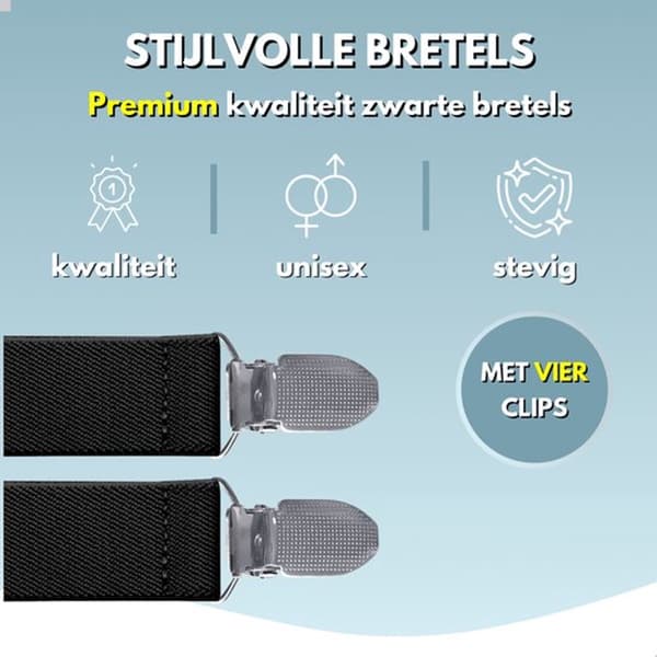 Herreseler med 4 brede kraftige clips, justerbare og elastiske til arbejdstøj, formelle og afslappede outfits, sort