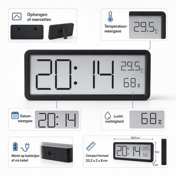 Digital väggklocka med temperatur, luftfuktighet, datum och HD-skärm, vägg- eller bordsmodell för hemmakontor, 20,2 cm