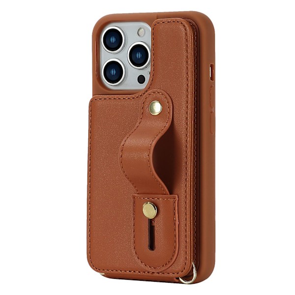 Telefonfodral med kortficka, armband, stativ, PU-läder + TPU för iPhone 12/12 Pro Brown