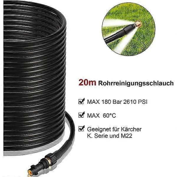 Rensslang för rör, 20 m, 180 bar, högtrycksslang med adapter, set för Kärcher högtryckstvätt