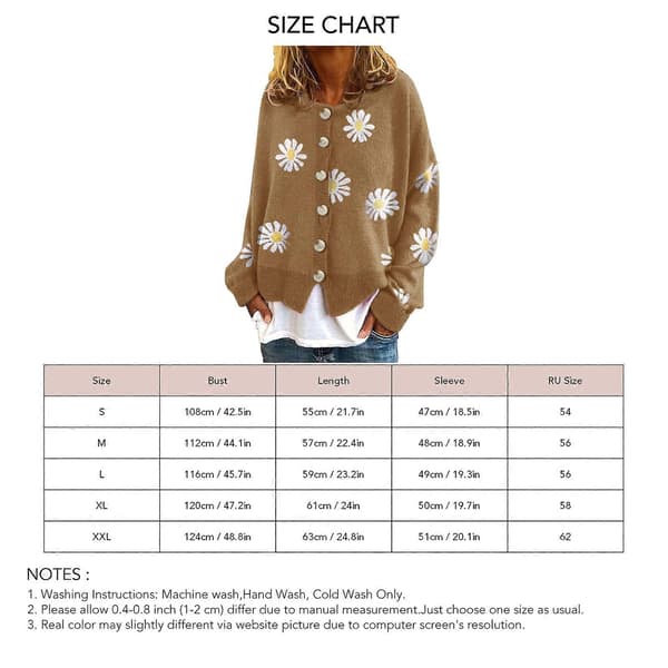 Daisy Pattern Stickad Tröja för Kvinnor, Knappdetaljer, Rund Hals och Lös Passform