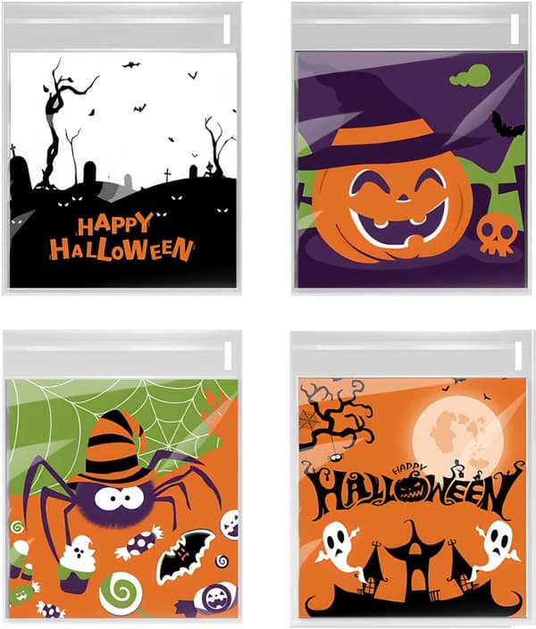 Halloween Godispåsar, 300-pack Självförslutande Polypropylen Godispåsar, 4 Designer för Barns Halloweenfester, 10 x 10 x 3 cm