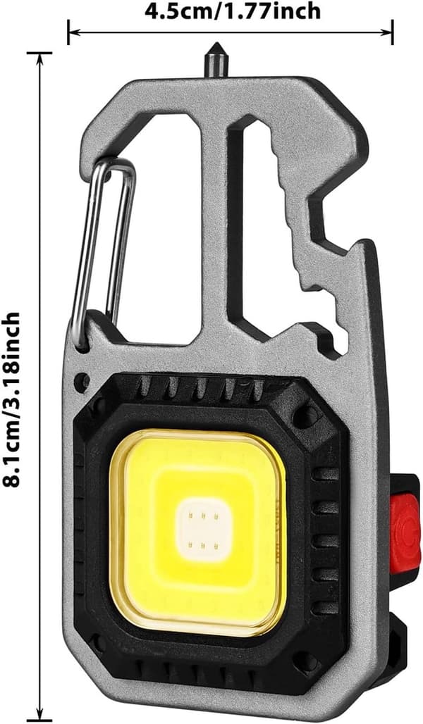 LED nøkkelringlommelykt, USB oppladbar multifunksjons arbeidslampe med magnet, flaskeåpner, vindusknuser for camping, grå 1 pack