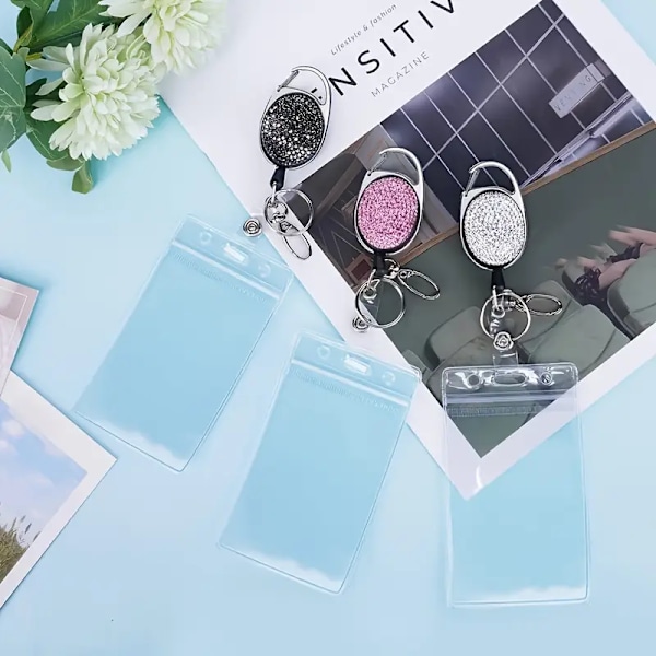 Infällbar Badgehållare med Karbinhake, Kraftig med Bling Rhinestone Karbinhake och Ring, Regnbågsfärgad