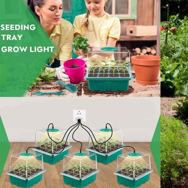LED-startkit för fröer, 5-delad USB-driven, fullspektrum växtbelysning, dimbar timer, justerbar luftfuktighet, 60 celler, inomhusträdgård