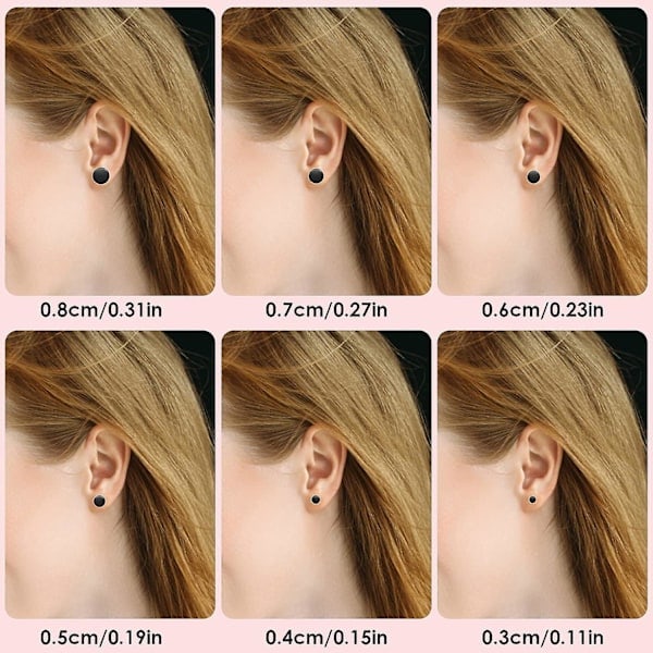 6 Par Svarte Øredobber i Rustfritt Stål, Unisex, Runde Flate Stiftøredobber for Menn og Kvinner (3mm - 8mm), Rustfritt Stål{HH}