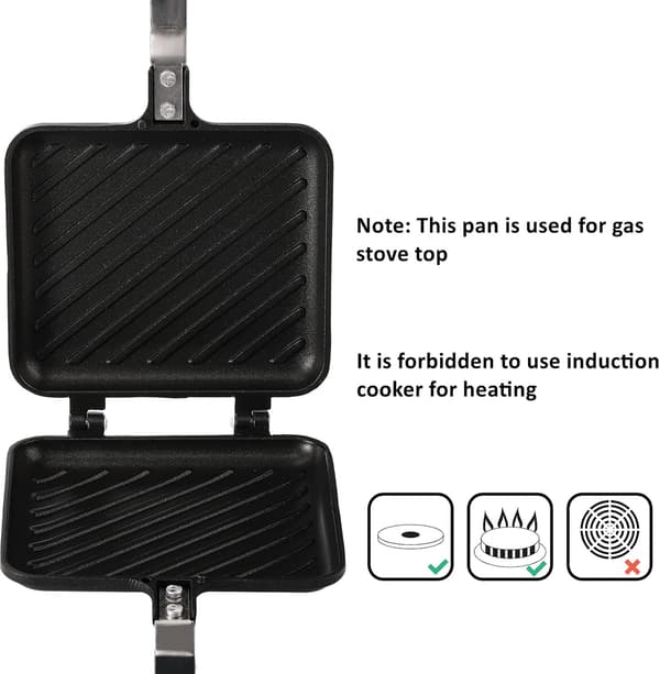 Dobbeltsidig smørbrødgrillpanne, non-stick komfyrtopp-brødrister (svart) Grid baking pan