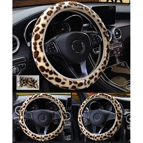 Snygg Leopardmönstrad Fluffig Plysch Rattmuff för Bil Mjuk Vinter Varm Bilratt Skydd Stretch Passar Universal 37-39cm