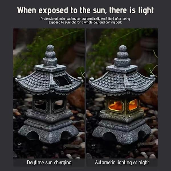 Utendørs solcellelampe, Pagode hagestatue, Solcellelykt for hage, LED landskapsbelysning med simulert pagode, Grå[JUN] Gray Free Size