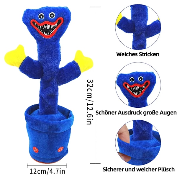 Talende kaktusplysj, dansende og syngende kaktus interaktiv baby leke med elektronisk taleopptak Huggy Wuggy (blå)
