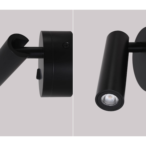 Væglampe til læsning med kontakt, varmt hvidt lys, 3W LED, 3000K, justerbar vinkel til seng, soveværelse, stue, aluminium