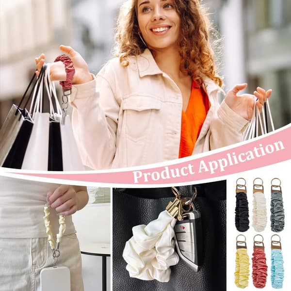 6-pak Scrunchie Nøgleringe Farverige Polyester Håndledsrem Nøglering Armbånd til Kvinder Løb Hundeluftning