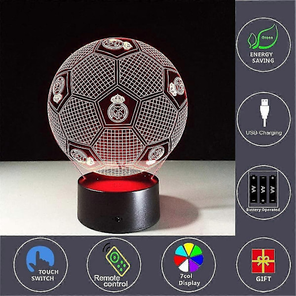 3D Visuel Illusion Real Madrid Fodbold Natlampe Legetøjslampe, Fjernbetjening, Dæmpbar, Batteri- eller USB-drevet, 7 Farveændringer Jul-Perfekt