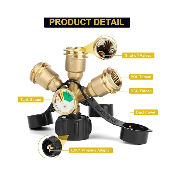 3-veis propanfordeleradapter med måler og avstengningsventiler, solid messing for grill, varmeapparat, camping, bobil, messing