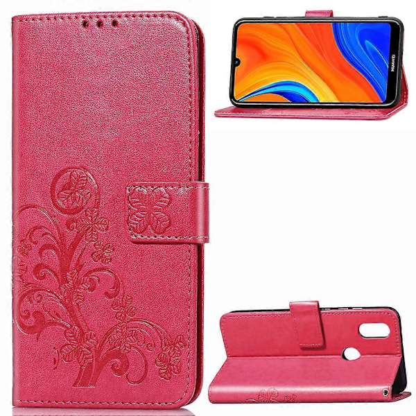 For Huawei Y6s (2019) Four-leaf Clover Lock Embossed Buckle PU Leather Case with Lanyard & Card Slot & Wallet & Stand