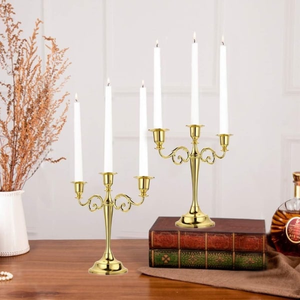 3 Metal Lysestake - Lysholder for formelle arrangementer, bryllup, kirke, feriedekor, Halloween, Golden Tone gull