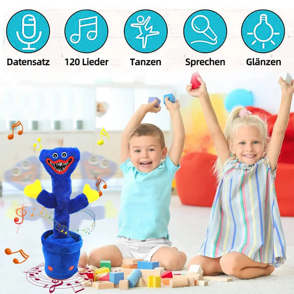 Talende kaktusplysj, dansende og syngende kaktus interaktiv baby leke med elektronisk taleopptak Huggy Wuggy (blå)