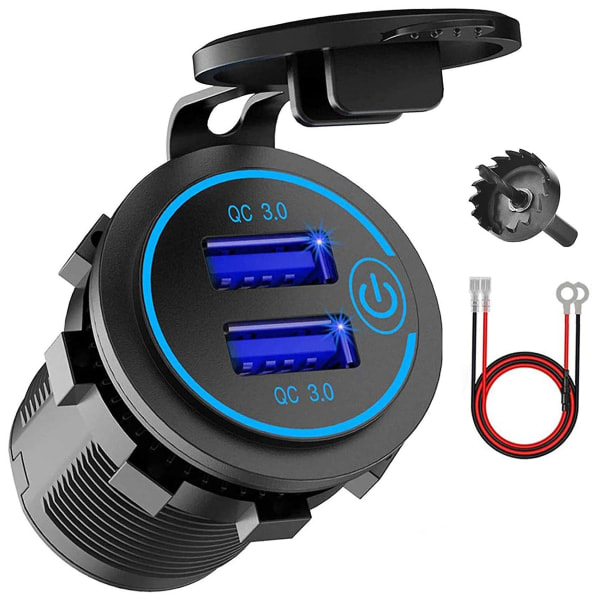 12V USB-uttag, Dubbel QC 3.0 USB-billaddare med Strömbrytare, 36W USB Vattentät Laddare (Endast Wi-adapter)