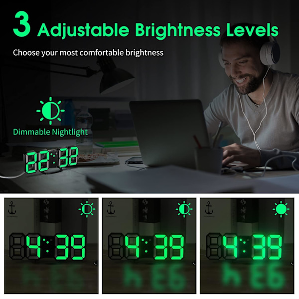 3D LED Digital Vægklokke, 3D LED Vægklokke, Grøn
